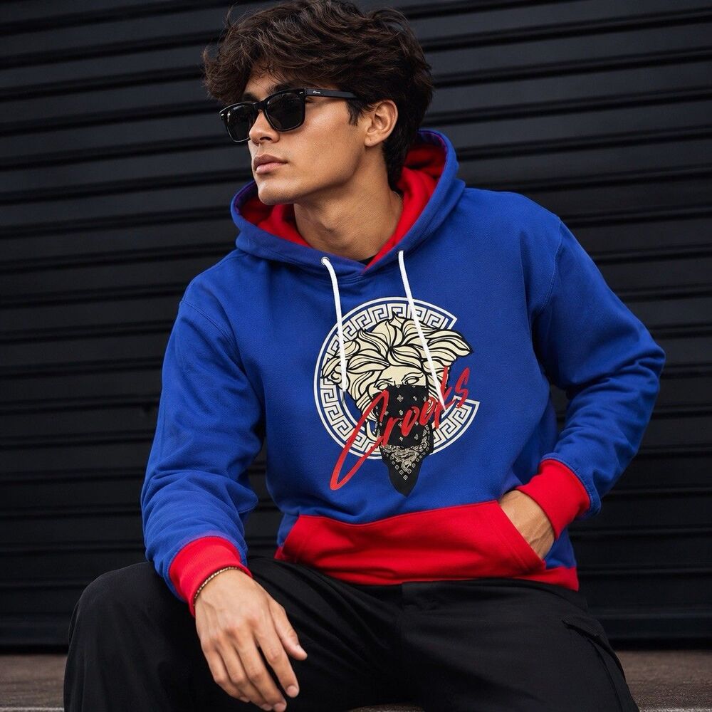 Crooks & Castles Men's Medusa Bandana Pullover Fleece Hoodie Blue/Red Size L